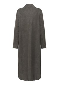 Vestito camicia lungo grigio con colletto e maniche lunghe. Realizzato in tessuto testurizzato, presenta una linea dritta e un orlo all'altezza del ginocchio.