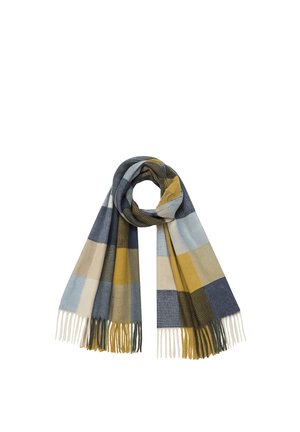 Scarf with a checkered pattern in blue, yellow, beige, and gray tones, arranged with a loop knot and fringed ends.