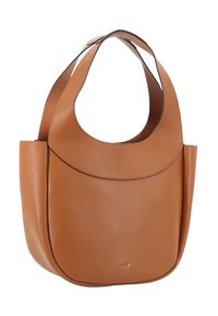 Hellbraune Leder-Umhängetasche mit glatter, texturierter Oberfläche. Verfügt über eine breite, geschwungene Oberöffnung und flache, bequeme Schulterriemen.