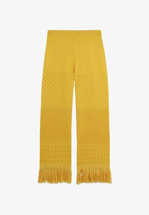 Yellow knitted pants featuring a textured design with diamond patterns and fringed hems. Soft material, wide leg shape.