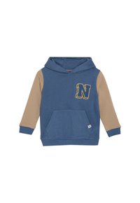 Felpa con cappuccio blu e beige, maniche lunghe, tasca a marsupio e un grande patch a forma di "N" sul petto.