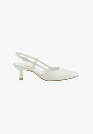 White leather slingback kitten heel shoe with pointed toe and gold buckle strap on white background.
