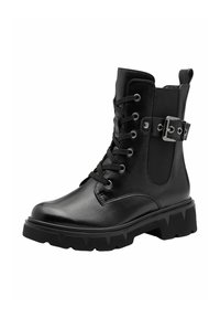 Bottes noires à la cheville en simili cuir avec lacets à l'avant, panneaux élastiques sur les côtés et une boucle sur le côté. Semelle épaisse avec motif en zigzag.