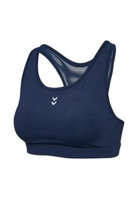 Granatowy biustonosz sportowy z miękkiego, rozciągliwego materiału, z wycięciem w serek, tyłem typu racerback i subtelnym logo na środku.