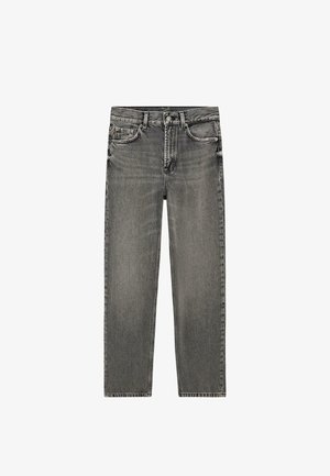 Džíny z šedého denimu s rovnými nohavicemi, předními kapsami, poutky na opasek a zapínáním na knoflík v pase.