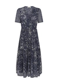 Námořnická modrá, krátkozračená, zavinovací šaty s vrstveným designem a bílým abstraktním vzorem. Vyrobeno z lehké, průsvitné látky.