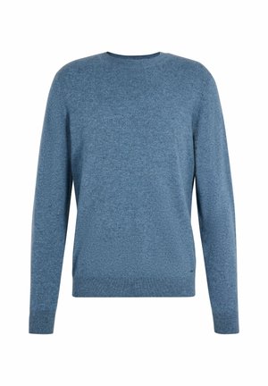 Hombre con pelo rizado y gafas que lleva un suéter azul, pantalones negros, calcetines grises y mocasines negros, de pie con una mano en el bolsillo.