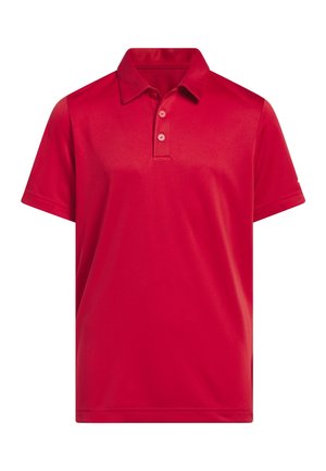Red short-sleeve polo shirt with collar and two buttons, plain design, displayed on a white background.