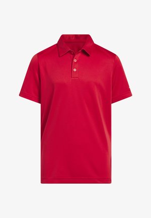 Crvena polo majica s kratkim rukavima, ovratnikom i dva gumba, jednostavnog dizajna, prikazana na bijeloj pozadini.