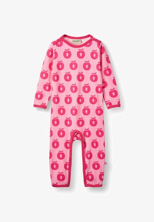 Ružičasta dugosleeve bodi izrađen od pamuka s uzorkom jabuka u tamnije ružičastoj boji, s pritiskom na kopčama duž nogavica za jednostavno oblačenje.