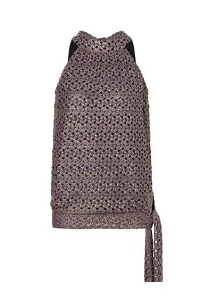 Mouwloze metallic paarse gehaakte haltertop met sleutelgat-halslijn en strikdetail aan de onderzoom.