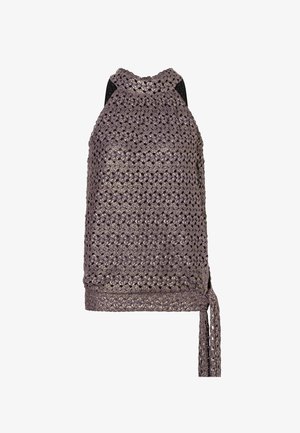 Ärmelloses, metallisch glänzendes, violettes Häkel-Top mit Neckholder, Schlitz-Ausschnitt und Bindeband am unteren Saum.