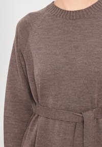 Pull en maille marron à manches longues avec encolure ronde côtelée et ceinture en tissu assortie nouée à la taille.