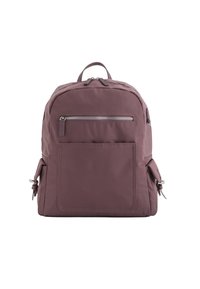Sac à dos en nylon violet avec une forme arrondie. Il comprend une poche zippée à l'avant, des poches latérales et des accents en métal argenté. Texture lisse.
