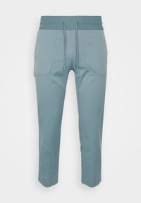 Pantalones cortos de color azul claro, hechos de una tela suave, que cuentan con una cintura elástica y un cordón, con bolsillos laterales y un diseño minimalista.