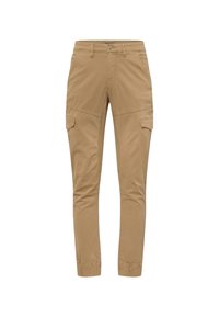 Pantalones cargo beige de tejido duradero, que cuentan con dos bolsillos laterales, un corte ajustado y puños elásticos en los tobillos para mayor comodidad y flexibilidad.