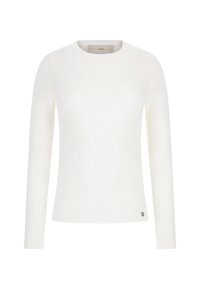 Weißer, gerippter Langarmpullover mit rundem Ausschnitt und geometrischem Muster auf der Vorderseite. Mit einem kleinen Logo-Logo am Saum.