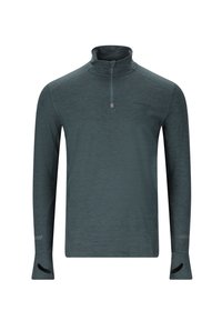 Langarm, pullover met rits in donkerteal met een structuurstof, voorzien van duimopeningen in de mouwen en een subtiele logo op de borst.