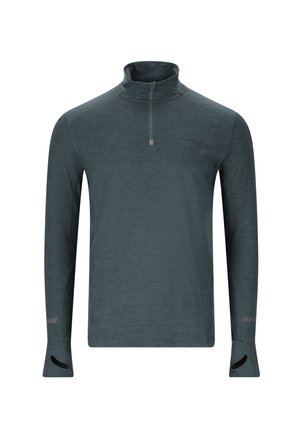 Langarm-Pullover mit Reißverschlusskragen in Dunkelblaugrün aus strukturierter Stoffqualität, mit Daumenlöchern an den Bündchen und einem dezenten Logo auf der Brust.