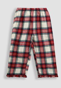 Baumwoll-Hose mit Karomuster in Rot, Grün und Creme, elastischem Bund und gerüschtem Saum an den Beinsäumen.