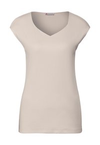 Beige košile s výstřihem do V a krátkým rukávem, vyrobená z měkké tkaniny, s přiléhavým střihem a hladkou texturou, s jemným leskem.