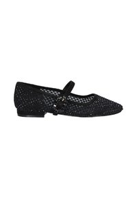 Bailarinas negras con punta afilada, que presentan un diseño de malla adornado con pequeños rhinestones y una correa con hebilla en el empeine.