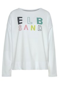 White long-sleeve sweatshirt featuring a colorful graphic print with the words "ELB SAND" in various fonts. Made of soft, lightweight material.