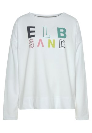 Weißes langärmliges Sweatshirt mit einem bunten Grafikdruck, auf dem die Wörter "ELB SAND" in verschiedenen Schriftarten zu sehen sind. Hergestellt aus weichem, leichtem Material.