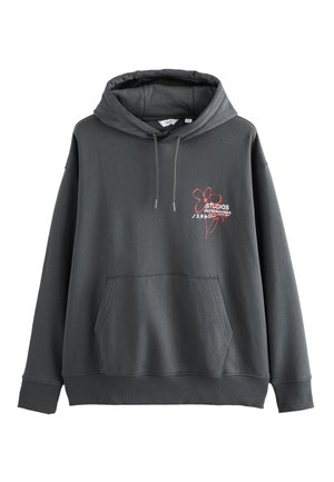 Sötétszürke kapucnis pulóver elülső zsebbel, piros virágmotívummal és felirattal. Puha anyagból készült, bordázott mandzsettákkal.