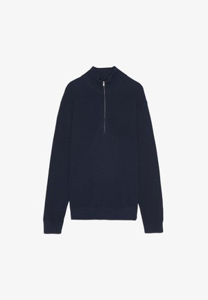 Navyblauer Strickpullover mit hohem Kragen und silbernem Reißverschluss. Besitzt eine gerippte Textur und lange Ärmel. Schlichtes, lässiges Design.