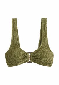 Haut de bikini tricoté en vert olive avec de larges bretelles, une texture froncée et un détail en métal central pour la fermeture.