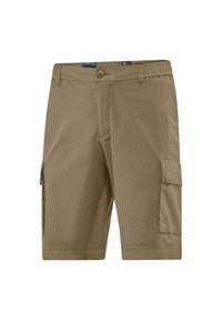 Pantaloni cargo beige con chiusura frontale a bottone e zip, vita elasticizzata, due tasche laterali e due tasche cargo sulle gambe. Tessuto leggero.