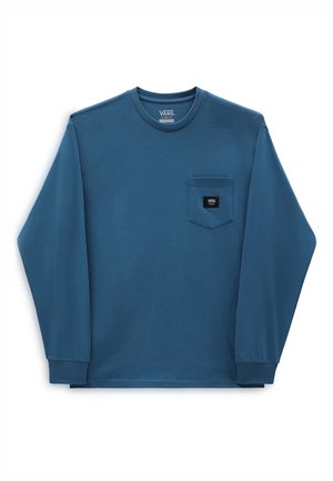 Sininen Vans pitkähiha-paita, jossa pyöreä pääntie ja rintatasku, jossa pieni Vans-logo.