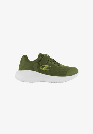 Scarpe da ginnastica verdi con una tomaia testurizzata, suola in gomma bianca e una fascia in Velcro. Presenta un logo giallo sul lato.