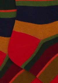 Calzini a righe colorate che presentano una combinazione di rosso, verde, arancione e blu navy, con una texture morbida e aree rinforzate nel tallone e nella punta.