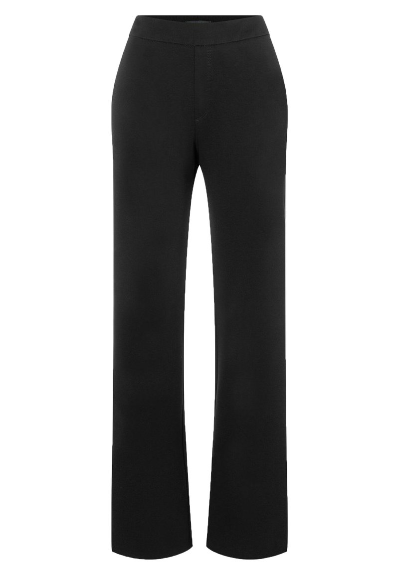 Sorte, vide bukser laget av glatt stoff med elastisk midjebånd. Designet har et minimalistisk utseende, uten lommer eller utsmykkinger.