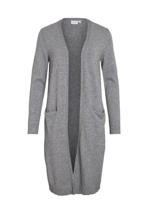 Lang grå cardigan lavet af blødt strikstof, med åben frontal, to sidelommer og ribbede manchetter. Simpelt design uden lukninger.