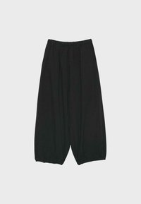 Loose black wide-leg pants with elastic waistband and elastic cuffs, displayed flat on a plain light background.
