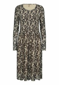 Langärmliges Kleid mit einem gestuften Oberteil in einem beigen und braunen abstrakten Muster. Hergestellt aus leichtem, gemustertem Stoff mit einem schwingenden Rock.