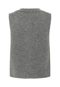 Grauer gestrickter ärmelloser Pullover mit einem runden Ausschnitt, weicher Textur und ohne sichtbare Muster oder Verzierungen.