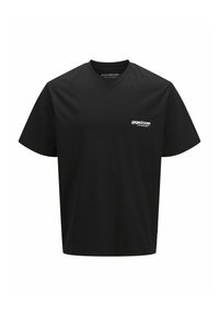Camiseta de algodón negra con mangas cortas, escote redondo y un pequeño logo blanco en el pecho. Diseño simple y de corte recto.