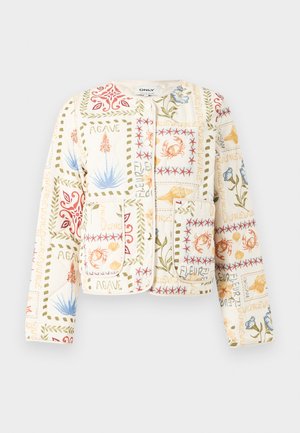 Ανοιχτό κρεμ μπουφάν με εκτυπώσεις βιολονικών και θαλασσινών θεμάτων, συμπεριλαμβανομένων φυτών αγάβης, καβουριών, κοχυλιών και μπλε λουλουδιών, με μπροστινές τσέπες με σχέδιο.