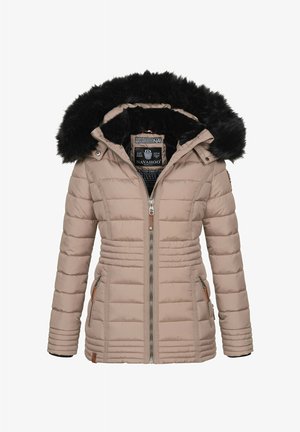 Beige pufferjack met een bontgevoerde capuchon, doorgestikte textuur, uitvoerige rits aan de voorkant, zijzakken met ritssluitingen en elastische manchetten.