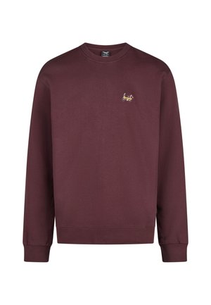 Weinrotes Sweatshirt mit Rundhalsausschnitt, kleinem gelb-weißem Fahrradlogo auf der linken Brust, langen Ärmeln sowie gerippten Bündchen und Saum.
