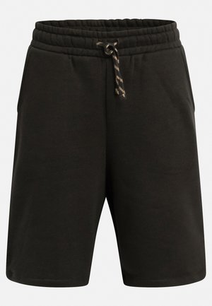 Shorts negros de mezcla de algodón con cinturilla elástica, cordón ajustable y bolsillos laterales. Textura suave, diseño hasta la rodilla.