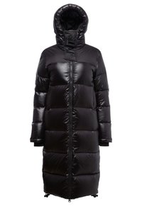 Lange zwarte pufferjas met een glanzende afwerking, met capuchon, voorruitrits en grote, gewatteerde secties. Beschikt over koordjes in de zoom.