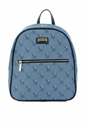 Mini-sac à dos bleu avec motif joueur de polo bleu foncé, poche zippée avant et poignée noire, plaque logo U.S. Polo Assn. sur le devant.