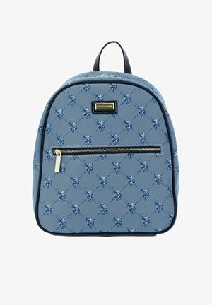 Mini-sac à dos bleu avec motif joueur de polo bleu foncé, poche zippée avant et poignée noire, plaque logo U.S. Polo Assn. sur le devant.
