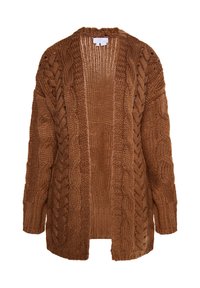 Bruine gebreide cardigan met een opvallend kabelpatroon, open voorkant, lange mouwen en een gestructureerde afwerking. Zacht materiaal met een gezellige uitstraling.