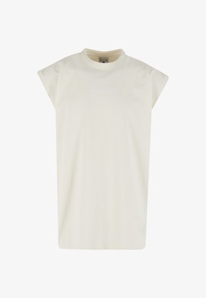 Off-white ærmeløs kjole med rund hals og subtilt broderet logo centreret på brystet.